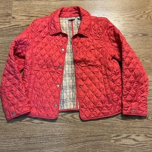 LL Bean Quilted Riding Jacket Women's M Petite Coral Pink Plaid Lining Snaps